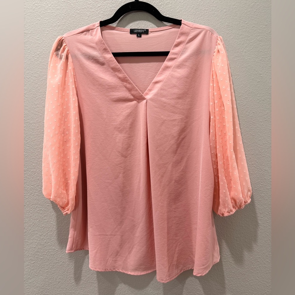 🌸 Lienridy Blush Pink V-Neck Blouse w/ Embroidered Sleeves – Size L